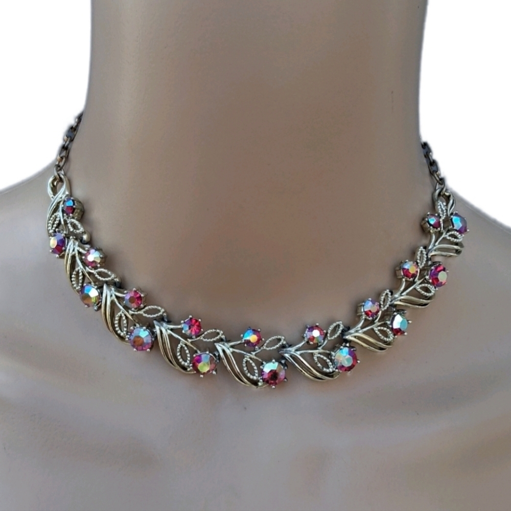 Vintage Coro Ruby Red Aurora Borealis Leaf Choker - 1950s MCM